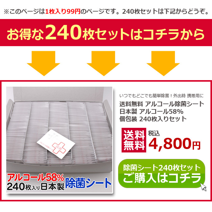 アルコール 除菌 シート 日本製 1枚入り アルコール58% 個包装（アルコールお手拭き）汚れ落とし エタノール ウェットティッシュ 送料無料【TG】  :al240-1:とぎ職人の部屋 - 通販 - Yahoo!ショッピング