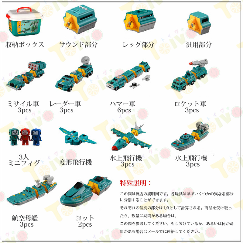 自動車変形玩具 おもちゃ 収納ボックス付き リアル模型おもちゃ プレゼント いろんな組合せ 合体ロボット 戦闘機 装甲車 飛行機 航空母艦 ヨット ロヶット車｜toivo-shop｜11