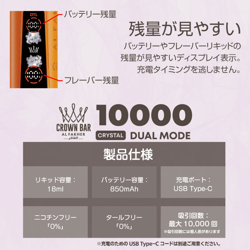 充電式電子たばこ アルファーヘル クラウンバー 10000クリスタル シーシャ 使い捨てVAPE Al Fakher Crown Bar CRYSTAL 電子タバコ フレーバー リキッド USB |  | 23