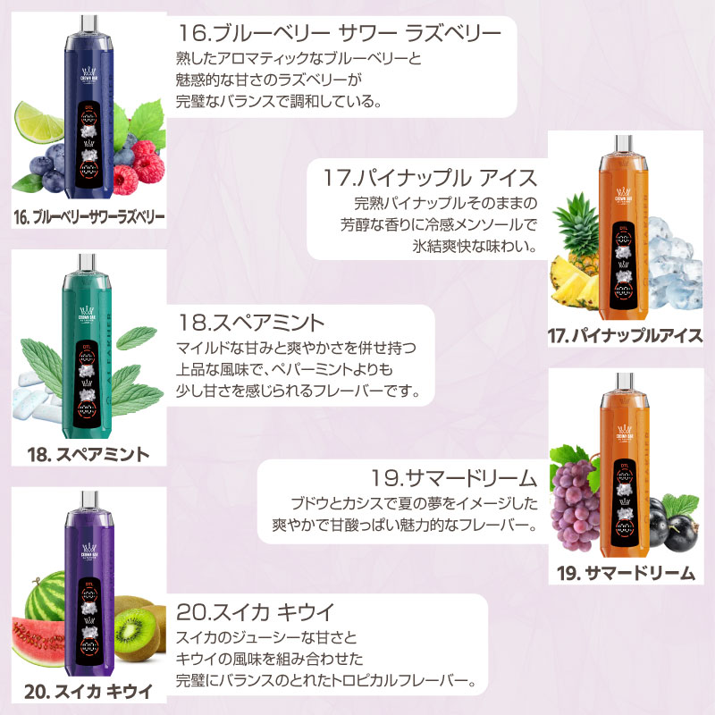 充電式電子たばこ アルファーヘル クラウンバー 10000クリスタル シーシャ 使い捨てVAPE Al Fakher Crown Bar CRYSTAL 電子タバコ フレーバー リキッド USB |  | 29