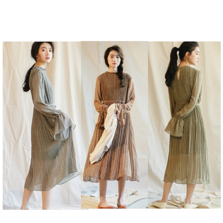 シフォン ワンピース 長袖 薄手 アースカラー レトロ フラワー ワンピ