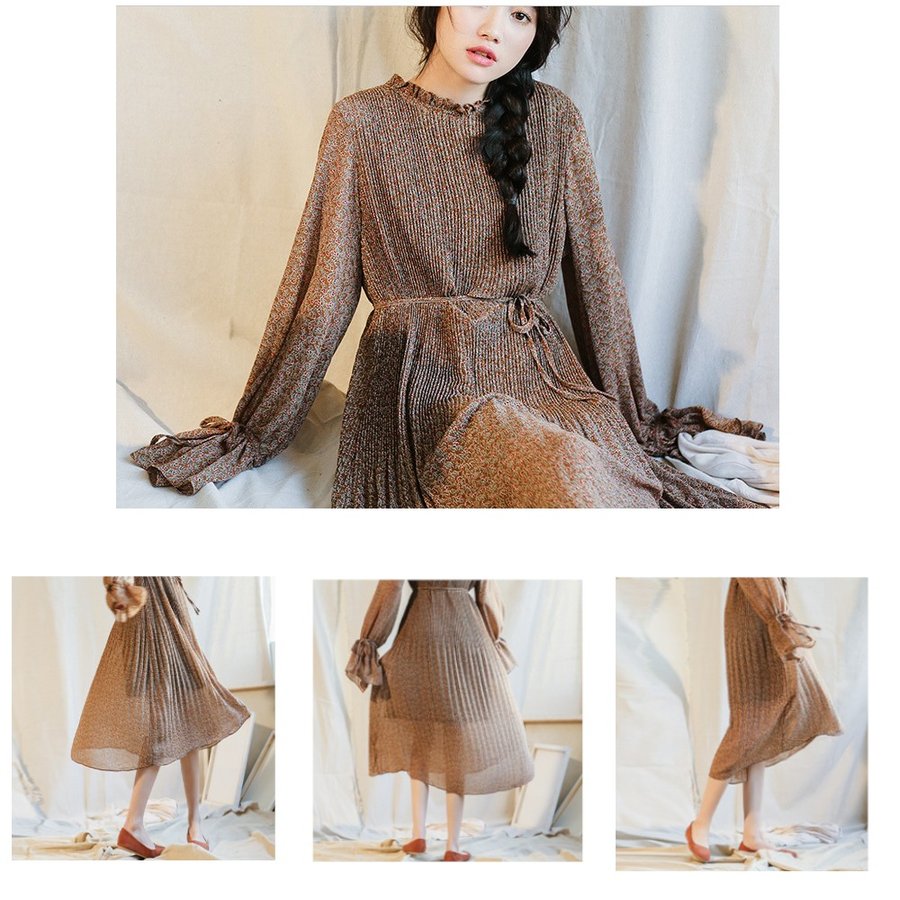 シフォン ワンピース 長袖 薄手 アースカラー レトロ フラワー ワンピ