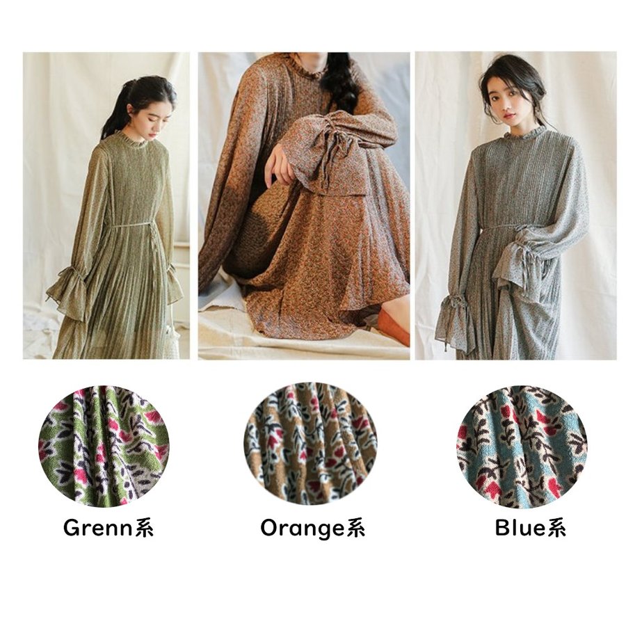 シフォン ワンピース 長袖 薄手 アースカラー レトロ フラワー ワンピ