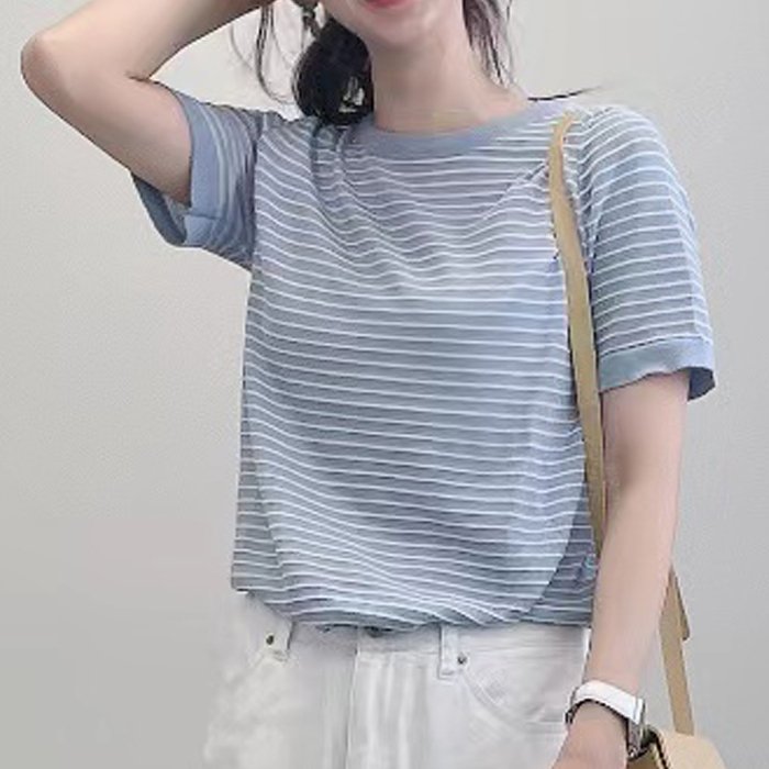 ボーダー ルーズ Tシャツ 韓国 カジュアル トップス 春夏 nr9110 ボーダー半袖ニットソー レディース トップス春服 夏 秋 10代 20