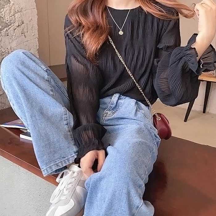 韓国風シアーホワイトブラウス／立体フリンジデザイン｜大人可愛い長袖売れ筋商品|||トップス｜オールシーズンデニム　涼しい 韓国風シアーホワイトブラウス／立体フリンジデザイン｜大人