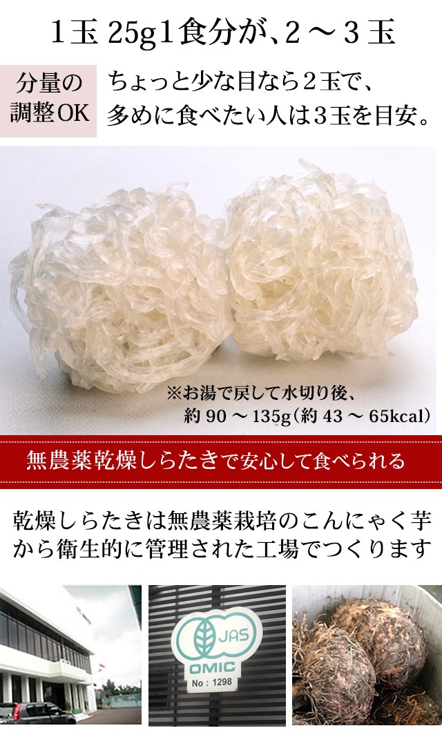 ちょうど1食分、1玉60グラム 1玉60gの無農薬乾燥しらたきは伊豆河童だけ 乾燥しらたきは無農薬栽培のこんにゃく芋から衛生的に管理された工場でつくります