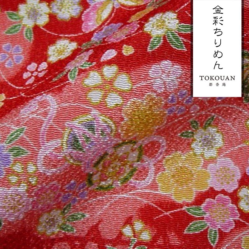 和柄 生地 京友禅 金彩ちりめん 蝶に鼓 (全4色) 10cm単位 切り売り