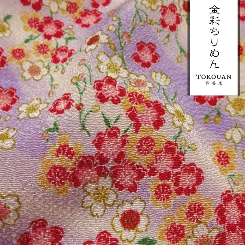 和柄 生地 京友禅 金彩ちりめん 霞に桜 (全4色) 10cm単位