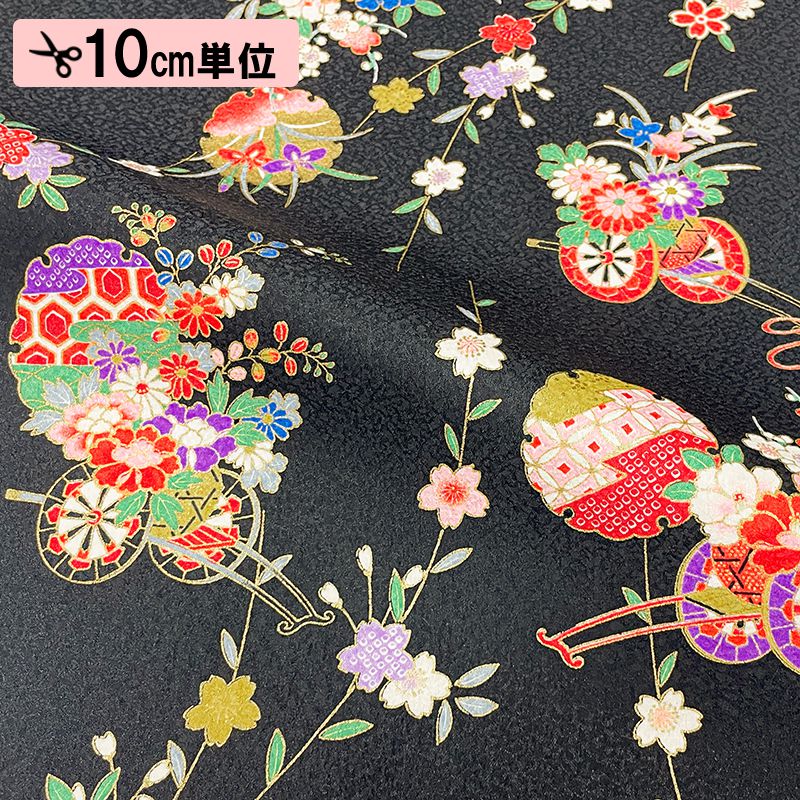 和柄 生地 京 金彩友禅 花車に雪輪 (全5色) 10cm単位 切り売り : 都香 