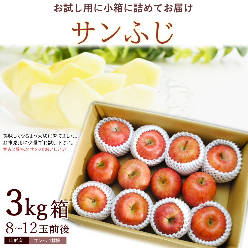 サンふじ 約3kg 8-12玉前後 送料無料、山形県、お試し用、産地直送