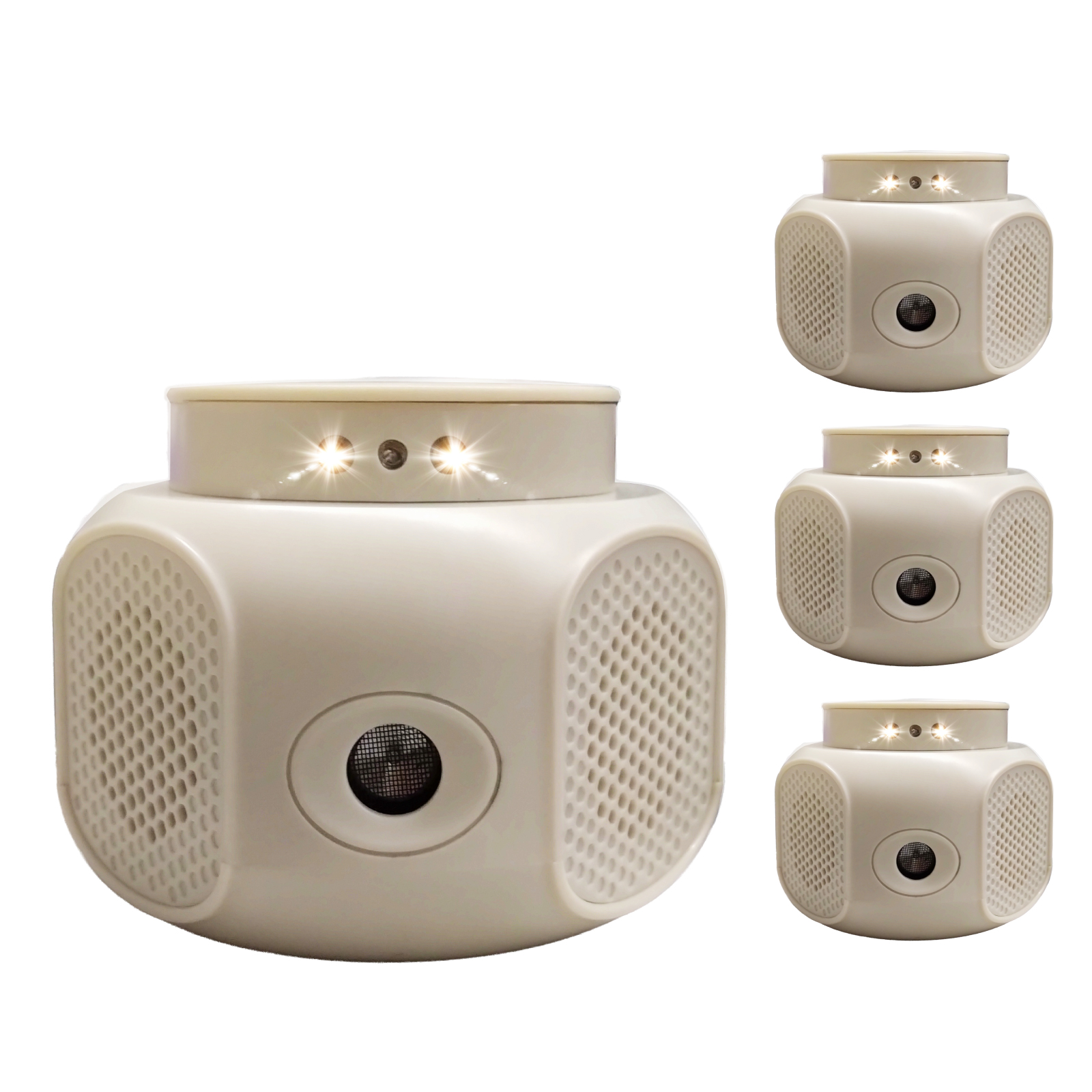 4台セット ネズミ撃退器 360度 120平方メートル AC給電 鼠 コウモリ クモ ゴキブリ 超音波 光 LEDフラッシュライト 室内専用 撃退機 糞尿対策 リス げっ歯類の画像