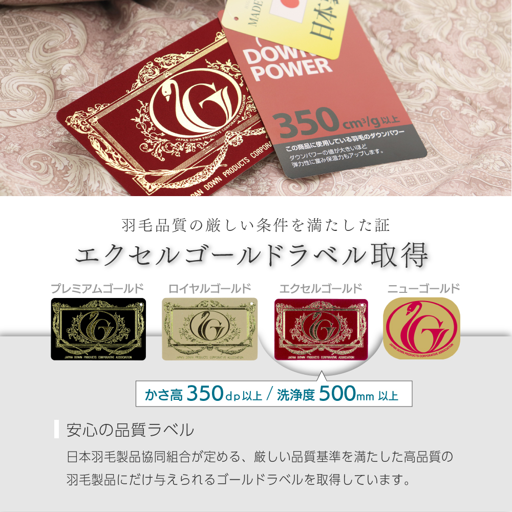 合い掛け羽毛布団 シングルロング 150×210cm ホワイトダックダウン85％ 0.8kg入り エクセルゴールドラベル 350dp以上 立体キルト 春秋用 オールシーズン 日本製_4