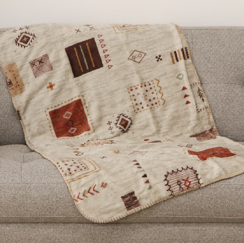 もこもこプリントひざ掛け毛布 約60×100cm 裏面長毛フランネル ギャベ