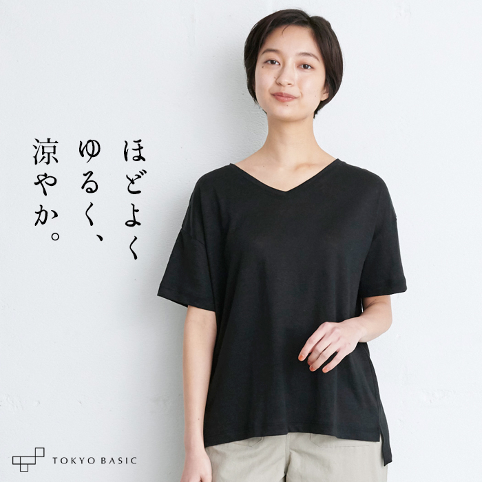 tシャツ レディース 半袖 ゆったり 速乾 プレミアム リネン100% Vネック 日本製 40代 5...