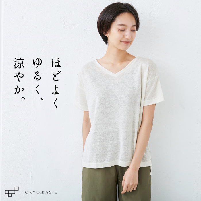 tシャツ レディース 半袖 ゆったり 速乾 プレミアム リネン100% Vネック 日本製 40代 50代｜tokyo-basic2012｜02