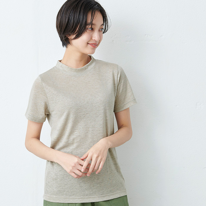 tシャツ レディース 速乾 プレミアム リネン100％ モックネック 日本製 40代 50代 半袖