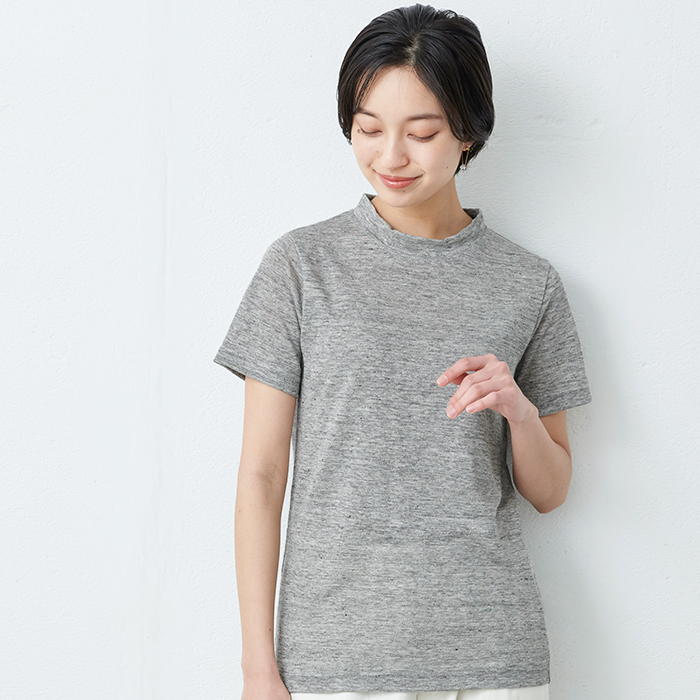 tシャツ レディース 半袖 速乾 プレミアム リネン100％ モックネック 日本製 40代 50代