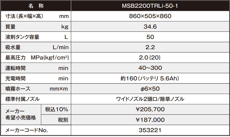 マルヤマ（丸山製作所）コンパクトキャリー動噴 MSB2200TRLi-50-1 北海道・沖縄県・離島除き送料無料 代引不可 メーカー直送品 353221  : 353221 : 東京ネット - 通販 - Yahoo!ショッピング