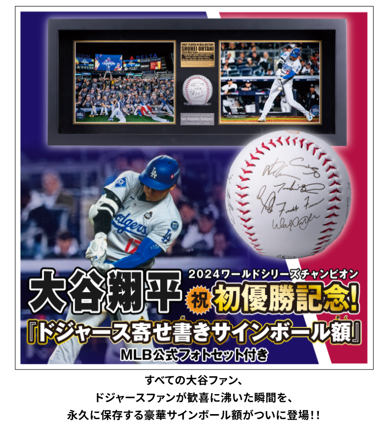 大谷翔平 2024 ドジャース寄せ書きサインボール 額装 MLB公式フォト
