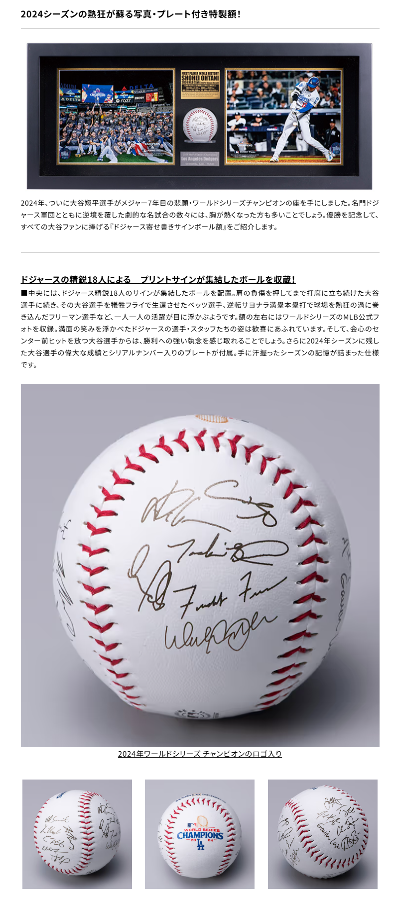 大谷翔平 2024 ドジャース寄せ書きサインボール 額装 MLB公式フォト