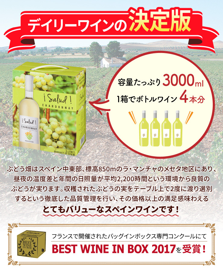 送料無料 サルー シャルドネ 3000ml×4本 白ワイン セット 辛口 スペイン ボックスワイン 箱ワイン ワインボトル16本分  :466417-583:東京酒粋(トウキョウシュスイ) - 通販 - Yahoo!ショッピング