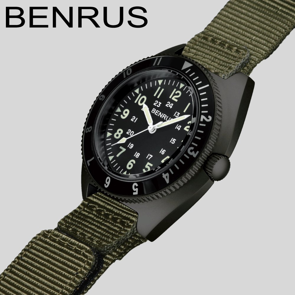 ベンラス 時計 ミリタリーウォッチ 腕時計 メンズ BENRUS TYPE-II BLACK COMBAT KHAKI サバゲー ミリタリ アメリカ軍  軍用時計 42mm ナイロンベルト ブラック 黒