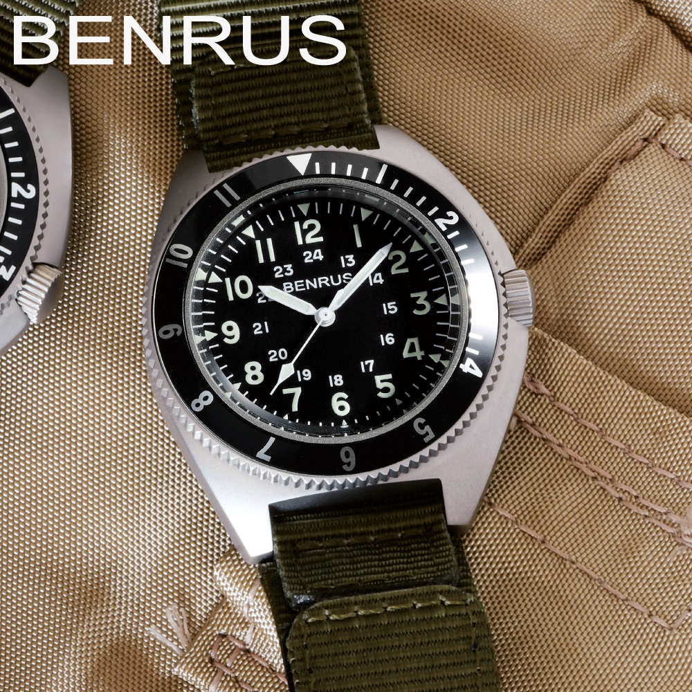 ベンラス 時計 ミリタリーウォッチ 腕時計 メンズ BENRUS TYPE-II SILVER COMBAT KHAKI サバゲー ミリタリ  アメリカ軍 軍用時計 42mm ナイロンベルト カーキ