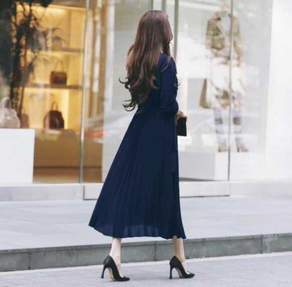 ワンピース ロング丈 長袖 フレア シフォン プリーツワンピース