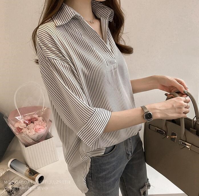 シャツブラウスチュニックトップスレディース体型カバーゆったり7分袖ストライプ柄大きいサイズありオシャレ ブラウス シャツ チュニック 体型カバー ゆったり 7分袖
