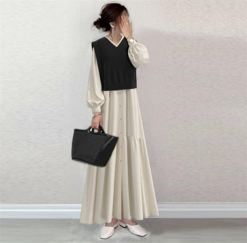 カジュアル ツーピースドレス レトロ ニットシャツ ロングワンピ tokyoplenza012_tpl2213