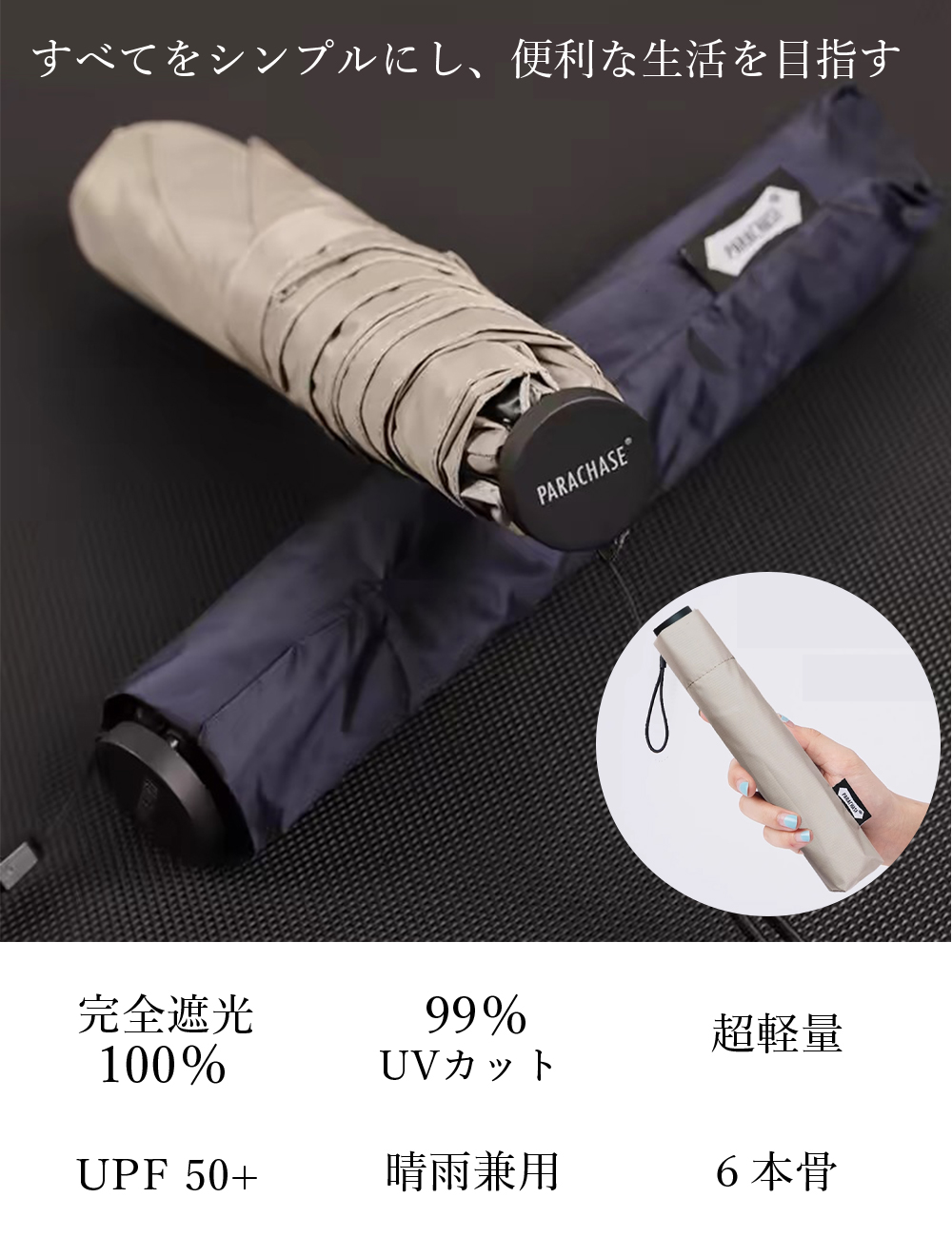 超軽量 111g】日傘 uvカット 完全遮光100% 折りたたみ傘 UPF50