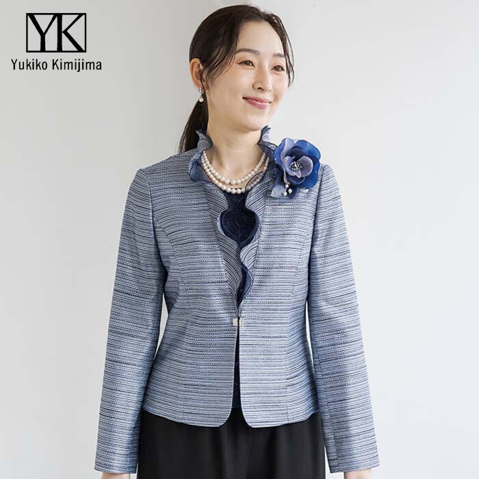 [ゆきこ] 総ビーズ　刺繍　紺色　水色　略礼装　カジュアル　卒業式 米沢織ジャカードの涼しげなワンピース 9号・ネイビー｜東京ソワール