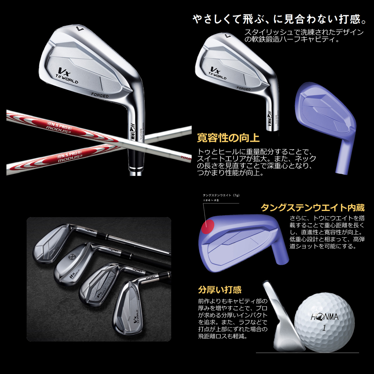 TW767 HONMA T//WORLD Vx アイアン 5本セット(#6〜P) 【N.S.PRO