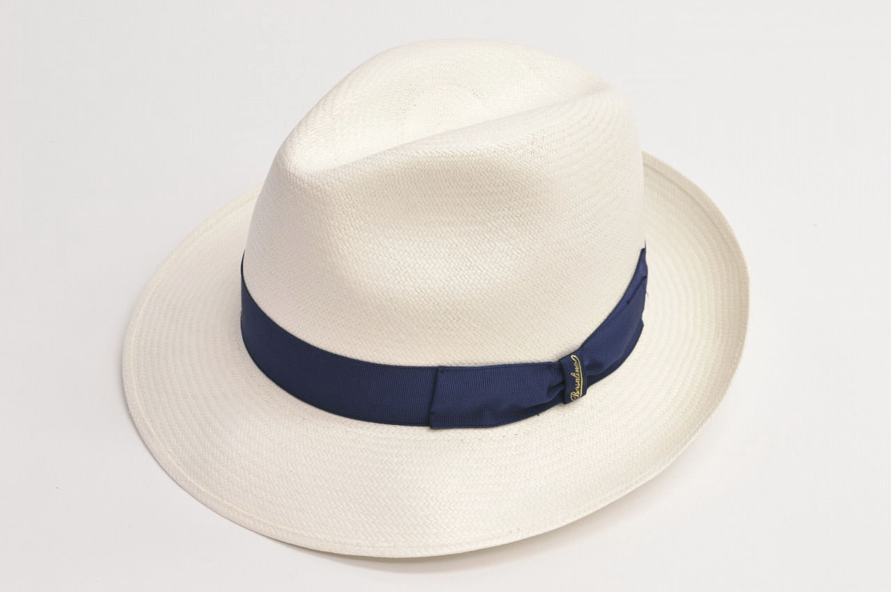 切売販売新品50810 正規品 Borsalino ボルサリーノ レディースMサイズ パナマ中折れハット 帽子 PAGLIA 100％ 紺ネイビー イタリア製 グレーリボン 麦わら帽子