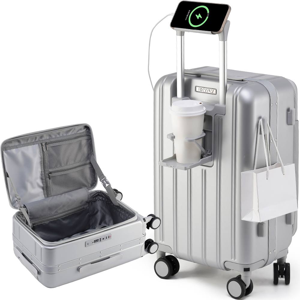 新品未使用 スーツケース Sサイズ 機内持ち込み可 ドリンクホルダー シルバー スーツケース フロントオープン 片開き キャリーバッグ 機内持ち込み