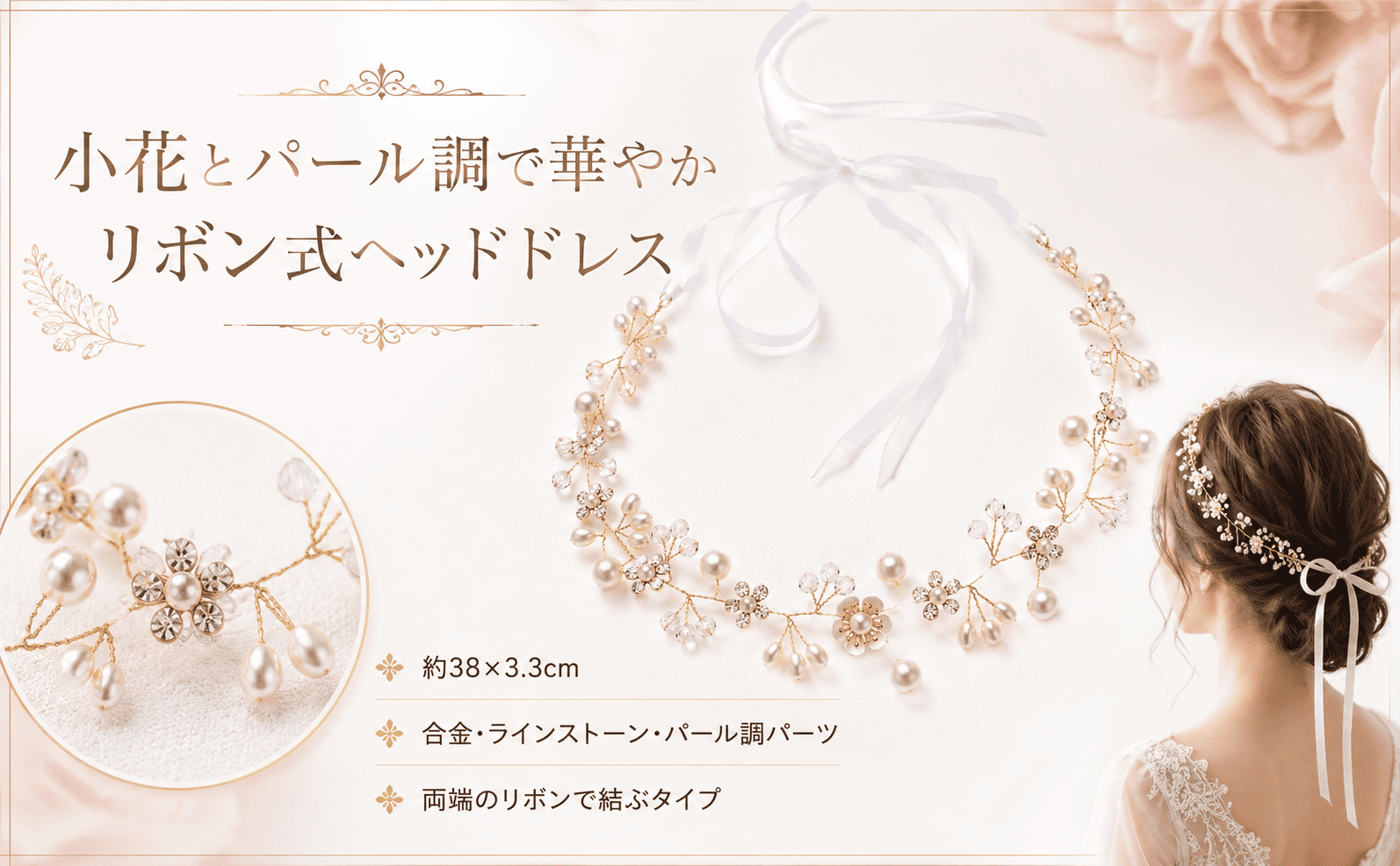 ヘッドドレス 女の子 キッズ リボン式 パール調 小花 髪飾り 発表会