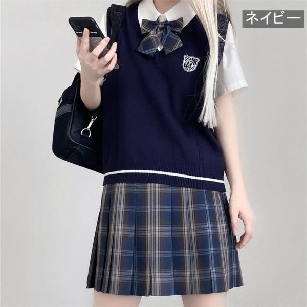 スクール  正統派 制服 学生 通学 Ｖネック 刺繍 ワッペン 女子 高校生 中学生 団体服 袖なし 春 夏 秋 S M L XL |  | 03