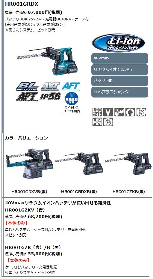 マキタ[makita] 40Vmax-2.5Ah 充電式ハンマドリル HR001GRDXV(青・集