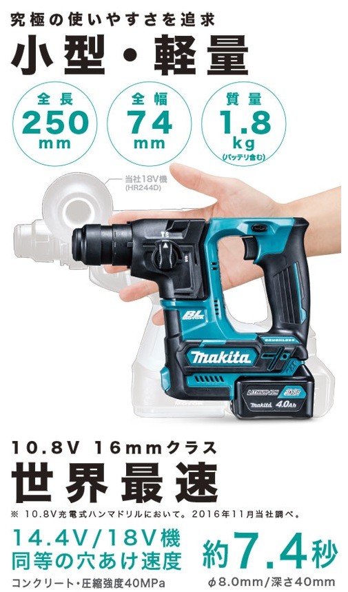 マキタ[makita] スライド式10.8V-4.0Ah 16mm 充電式ハンマドリル