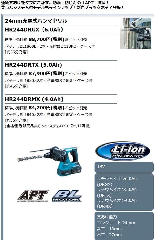 マキタ[makita] 18V 24mm 充電式ハンマドリル HR244DZK(青・本体