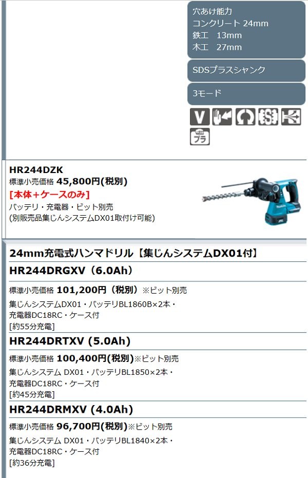 WEB限定】 マキタ 充電式ハンマドリル18V 24mm ハツリ可 SDS 集じん