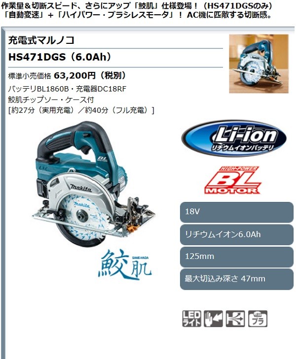 マキタ（makita） 18V 125mm 充電式マルノコ HS471DZSW(白) : TOOL-GYM