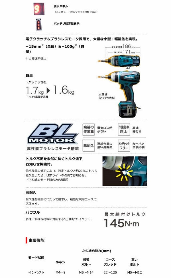 マキタ[makita] 14.4V 4モードインパクト TP131DZ/TP131DZB : tp131dz-1 : TOOL-GYM  ヤフーショッピング店 - 通販 - Yahoo!ショッピング