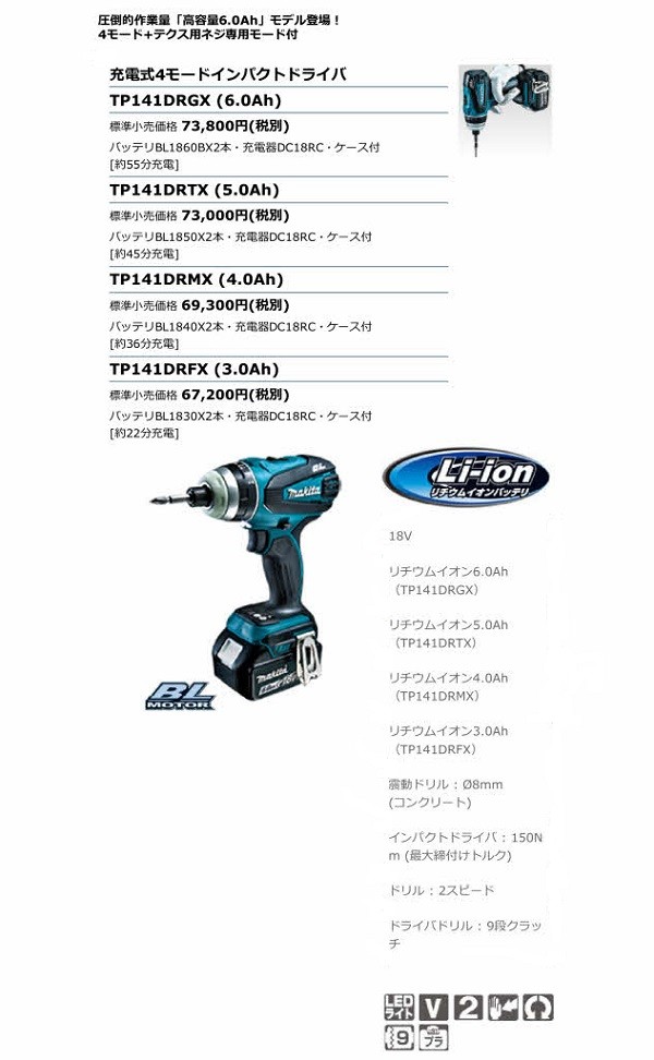 超激得お得 マキタ 18V-6.0Ah 4モードインパクト TP141DRGXB（黒