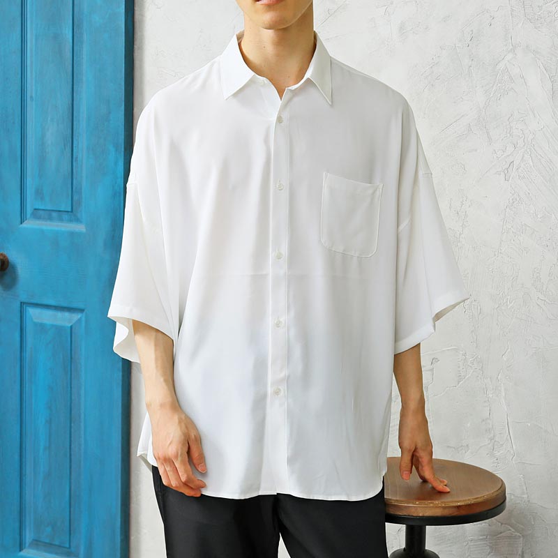 シャツ メンズ とろみシャツ ドレープ オーバーサイズ ドロップショルダー 無地　半袖シャツ｜tool-power｜02