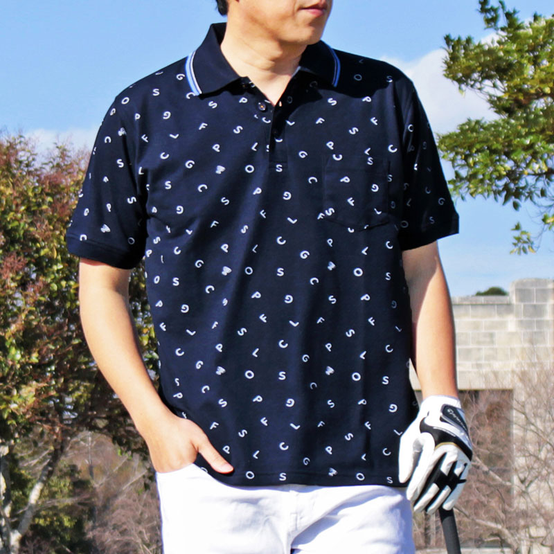 ポロシャツ ゴルフ メンズ ゴルフウェア アルファベットロゴ 総柄 速乾ドライ 鹿の子 ストレッチ 半袖 トップス 大きいサイズあり 春夏