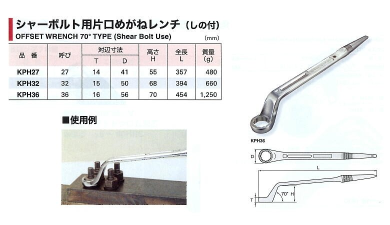 めがねレンチ KPH36 シャーボルト用片口めがねレンチ（しの付