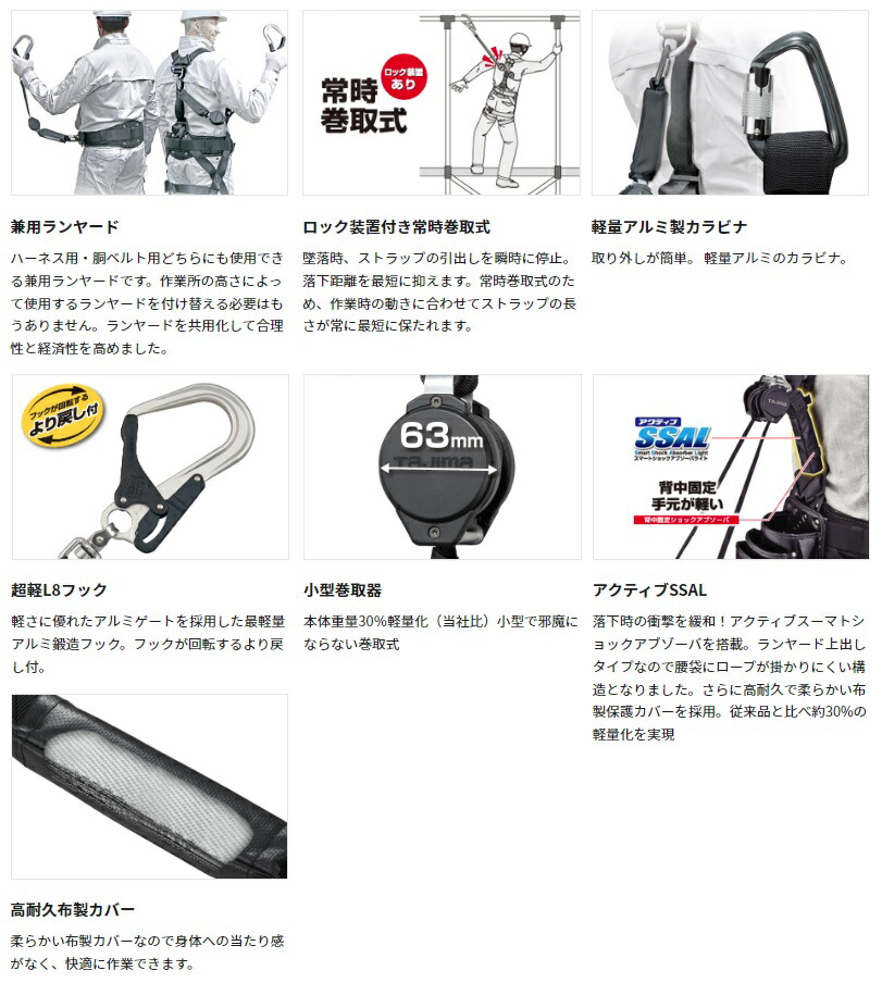□□TAJIMA タジマ 工具 工具関連用品     ハーネス胴ベルト兼用ランヤード  VR150L A1VR150L-L8 ハーネス用・胴ベルト型兼用ランヤード 新規格対応 TAJIMA