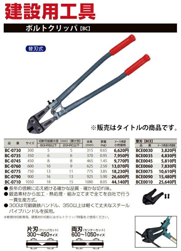 MCC ボルトクリッパ BC-0775 サイズ750mm 替刃式 両刃 センターカット