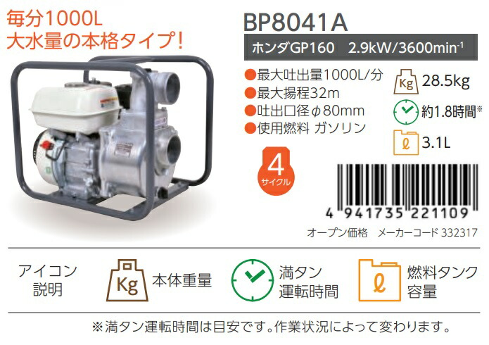 丸山製作所 エンジンポンプ BP8041A 332317 ビッグエム 大型商品